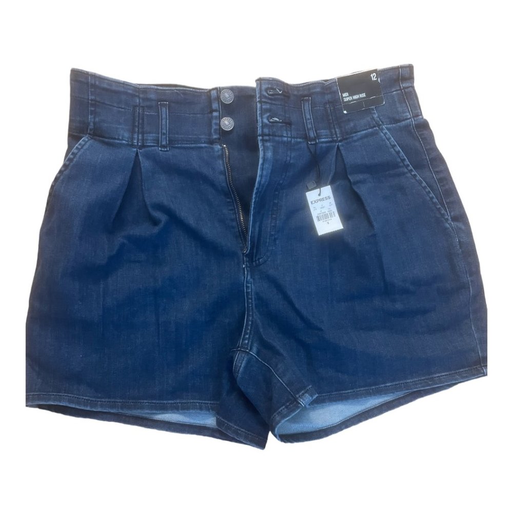 Express Midi Super High Rise Pleated Denim Shorts NWT
